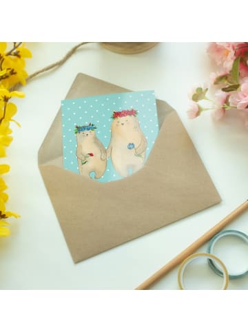 Mr. & Mrs. Panda Grußkarte Bären mit Blumenkranz mit Spruch in Türkis Pastell