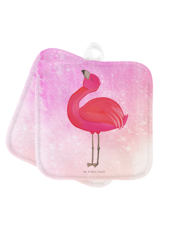 Mr. & Mrs. Panda 2er Set Topflappen  Flamingo Stolz ohne Spruch in Aquarell Pink