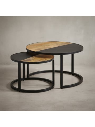 KADIMA DESIGN Couchtisch 2er Set Mango Massivholz / Stein-Optik Sofatisch Rund