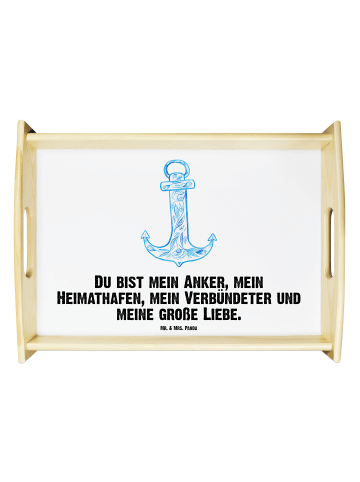 Mr. & Mrs. Panda Servierplatte Holz Anker Blau mit Spruch in Weiß