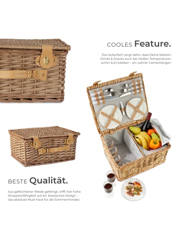 tectake Picknickbox für 4, 45 x 37 x 21 cm, Kühlfach, geflochtene Weide