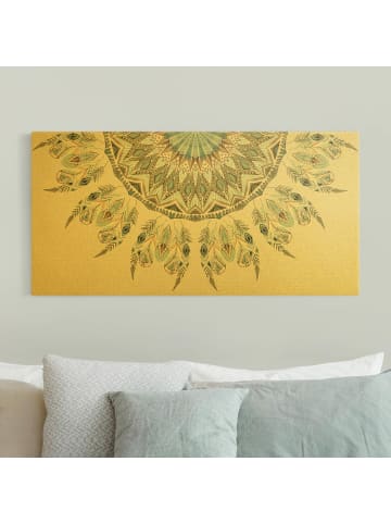 WALLART Leinwandbild Gold - Mandala Aquarell Federn halbkreis blau grün in Blau