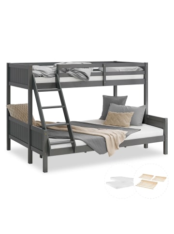 Homestyle4u Etagenbett 90x200 und 140x200 in Grau mit Lattenrost und 2 Matratzen