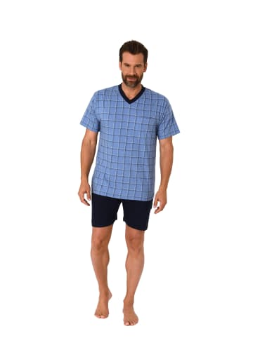 NORMANN Schlafanzug kurzarm Shorty Pyjama karierten Oberteil - 61259 in marine