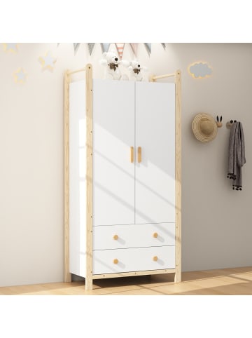 ABRIHOME Kleiderschrank in Weiß mit 2 Türen Stange 2 Schubladen 90x45x180 cm
