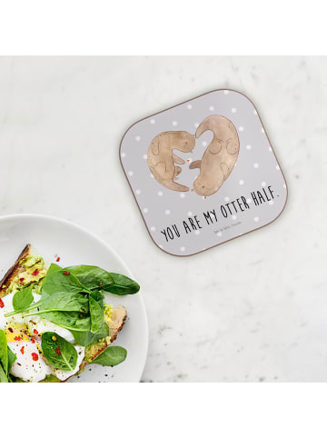 Mr. & Mrs. Panda Glas-Untersetzer Otter Herz mit Spruch in Grau Pastell