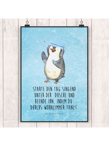 Mr. & Mrs. Panda Bild Pinguin Duschen mit Spruch in Eisblau