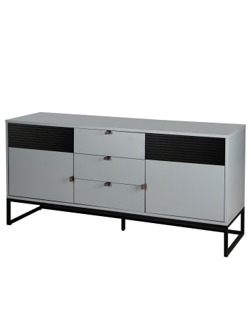 home24 home24 Sideboard 160 cm aus beschichteter Spanplatte, lackiertem MDF & Kunstledergriff in Eiche Dekor, 160 x 75 x 40 cm in Blaugrau