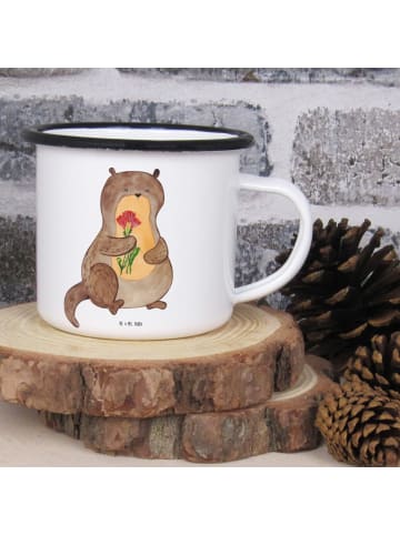 Mr. & Mrs. Panda XL Emaille Tasse Otter Blumenstrauß ohne Spruch in Weiß