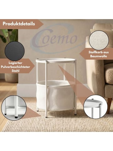 Coemo Beistelltisch Nina mit Canvas Korb - Metallgestell in Weiß