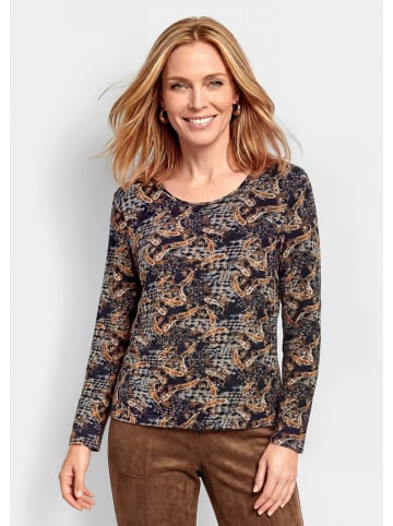 GOLDNER Kurzgröße: Langarmshirt aus Viskose-Jersey in marine / camel / gemustert