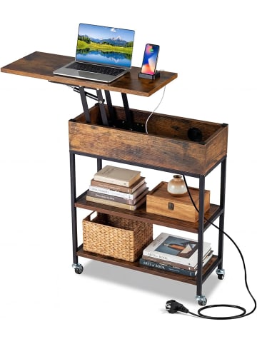 COSTWAY Beistelltisch mit Hebeplatte & Ladestation in Braun