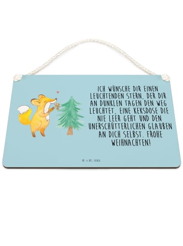 Mr. & Mrs. Panda Wandbild Holz Fuchs  Weihnachtsbaum mit Spruch in Eisblau