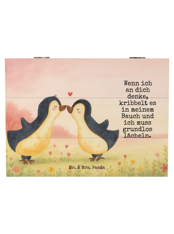 Mr. & Mrs. Panda Holzbox Pinguine Kuss Design mit Spruch in Weiß
