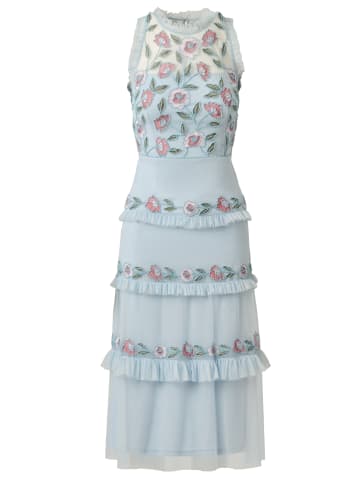 Adrianna Papell Cocktail Kleid Ruffle Bead Mesh Midi Dress in Elegant Sky Multi