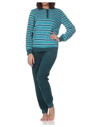 NORMANN Frottee Schlafanzug langarm Bündchen Streifenoptik in grün