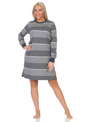 NORMANN Frottee Nachthemd langarm Bündchen Streifenoptik - 87629 in grau-mel.