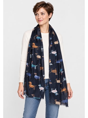 Faera Schal Dackelmotiv Alloverprint Feine Fransen in Navy