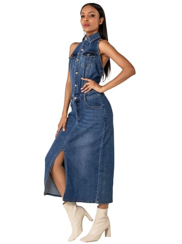Nina Carter Eleganter Neckholder Jeans Kleid Midi Rock Denim Dress in Blau