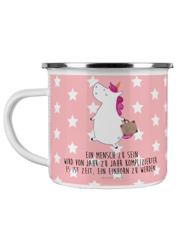 Mr. & Mrs. Panda Camping Emaille Tasse Einhorn Koffer mit Spruch in Rot Pastell