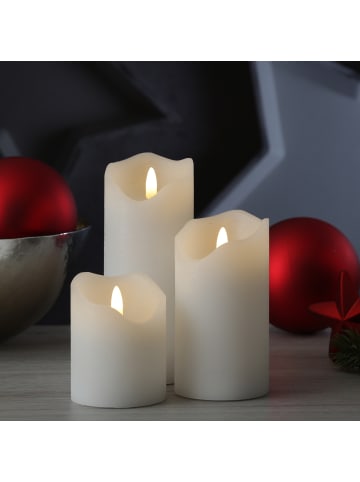 MARELIDA 3er Set LED Kerzen in Rustik-Optik flackernd Echtwachs 3 Größen in weiß