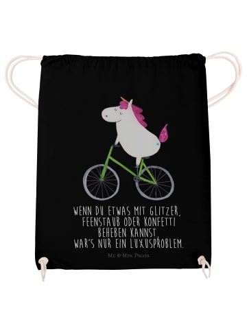Mr. & Mrs. Panda Turnbeutel Einhorn Radfahrer mit Spruch in Schwarz