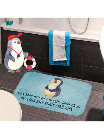 Mr. & Mrs. Panda Badezimmerteppich Pinguin Diät mit Spruch in Eisblau