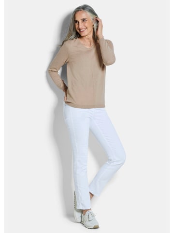 GOLDNER Kurzgröße:  Baumwollpullover mit V-Ausschnitt in beige