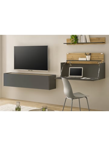 Furn.Design Wohnwand grau matt, Eiche Wotan 270 cm, Wohnkombination hängend mit Sekretär