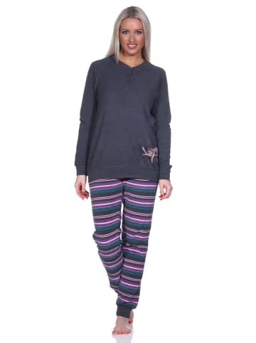 NORMANN Frottee Pyjama Hose gestreift Faulti Katze - 75947 in anthrazit-melange