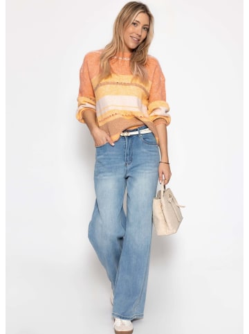 SASSYCLASSY Gestreifter Pullover mit Loch-Strickmuster in Gelb