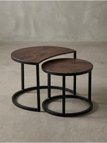 KADIMA DESIGN Wohnzimmertisch Set | Mango-Holz, Rund, Schwarze Metallbeine, 2-teilig in Braun