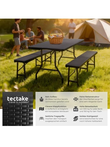 tectake Campingtischgarnitur Vani mit Tragegriffen, schwarz-Rattanoptik