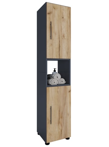 VCM  Holz Badmöbel Badschrank Hochschrank Flandu in Anthrazit / Honig-Eiche