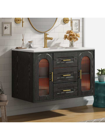 ABRIHOME Waschbeckenunterschrank in Schwarz 76 cm wandmontiert mit LED Glastür verstellbaren Böden