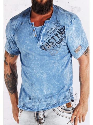 Rusty Neal V-Neck T-Shirt Verwaschen mit Seitlichem Logo Print in Blau