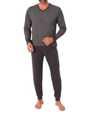 NORMANN Langarm Schlafanzug Pyjama Bündchen V-Hals in dunkelgrau