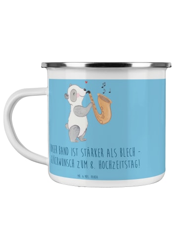 Mr. & Mrs. Panda Camping Emaille Tasse 8. Hochzeitstag Blechhoch... in Sky Blue