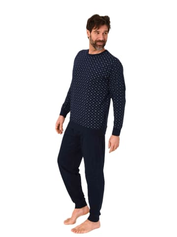 NORMANN Langarm Schlafanzug Pyjama Bündchen Minimalprint in navy