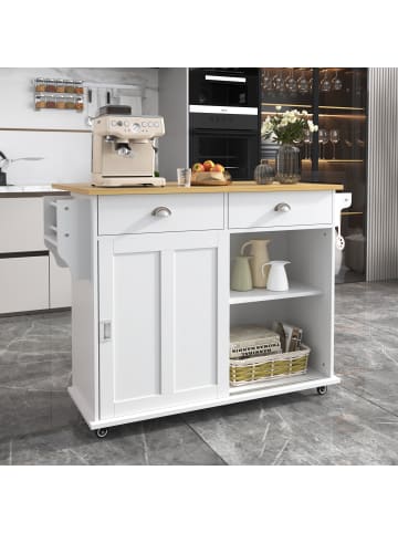 ABRIHOME Küchenwagen in Weiß 112x40x94 cm mit klappbarer Platte Stauraumtüren und Rollen
