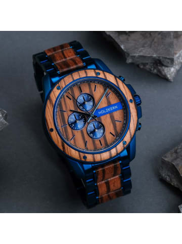 Holzkern Herren-Chronograph Quarz Gareth Zebrano Braun / Blau