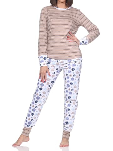 NORMANN Langarm Schlafanzug Pyjama Bündchen Streifen in creme