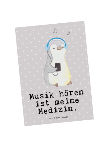 Mr. & Mrs. Panda Postkarte Pinguin Musik hören mit Spruch in Grau Pastell