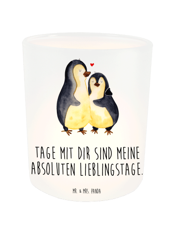 Mr. & Mrs. Panda Windlicht Pinguin umarmen mit Spruch in Transparent