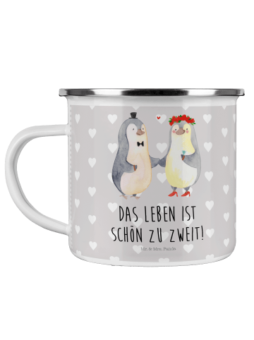 Mr. & Mrs. Panda Camping Emaille Tasse Pinguin Heirat mit Spruch in Grau Pastell