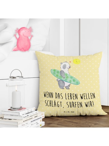 Mr. & Mrs. Panda Kissen Sommer Wellen Surf mit Spruch in Gelb Pastell