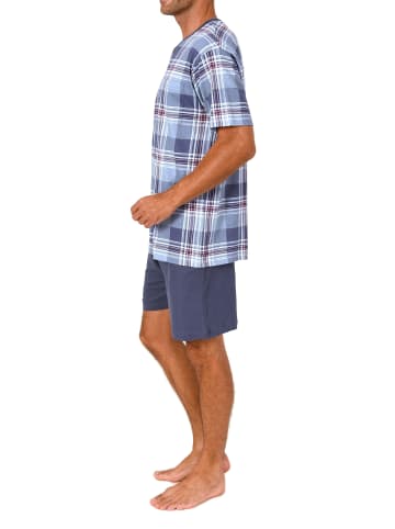 NORMANN Kurzarm Schlafanzug Shorty Jersey und karierten Pyjama Oberteil in blau