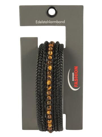 Adeliás Herren Armband – Lederarmband aus Leder mit Tigerauge 23 cm in schwarz