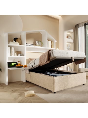ABRIHOME Kinderbett 90 x 190 cm Einzelbett Kopfteil mit Stauraum und USB in Braun