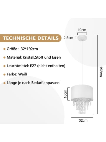 ZMH Pendelleuchte 1-flammige E27 in Beige mit Stoff und Kristall B 32cm